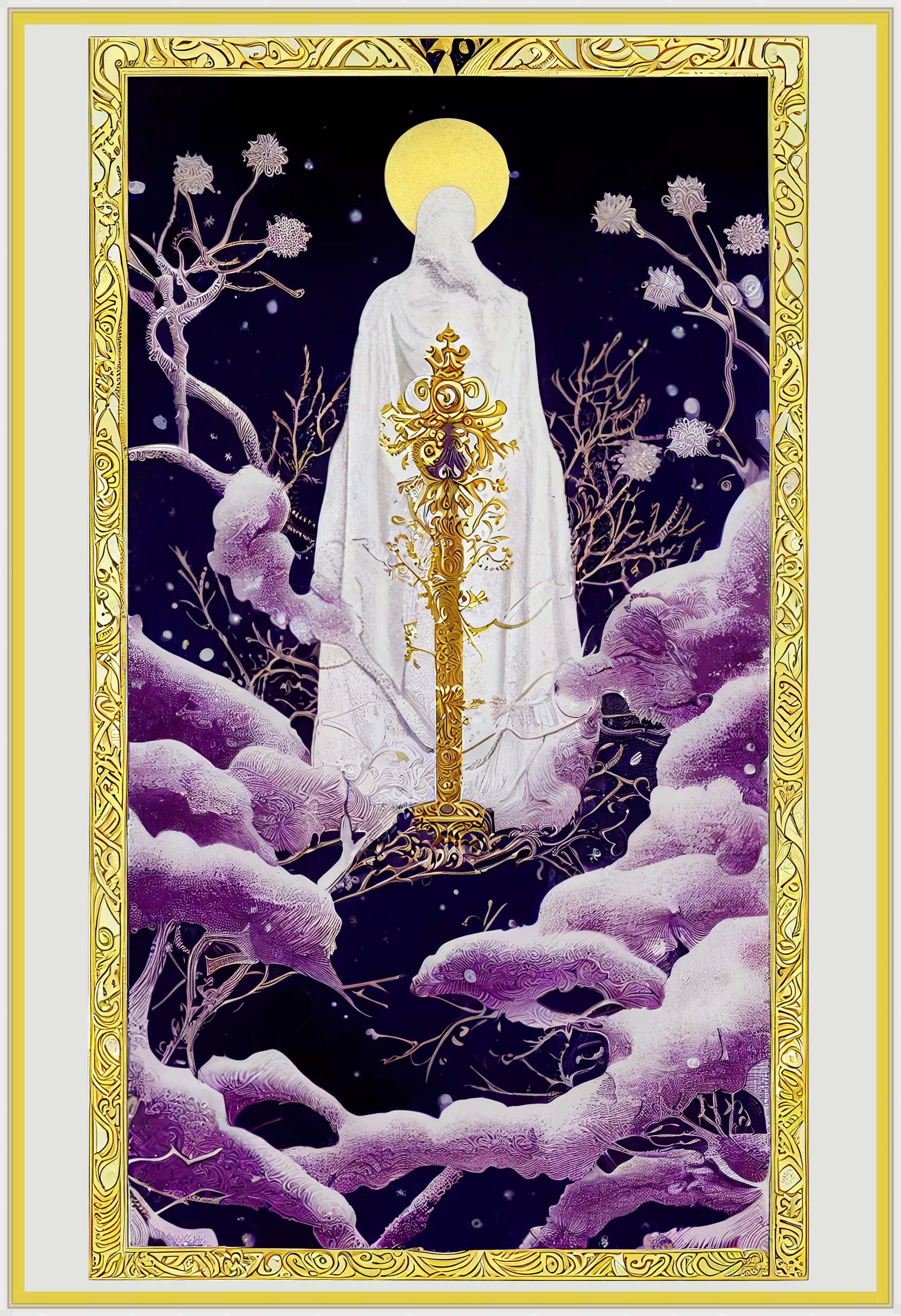 a photo realistic Tarot card with a white frame + violets and winter the Winter + baroque + dark atmosphere + heraldic design + gold deco + ornate borders + white background border --ar 70:120  --seed 142069  --test --upbeta
