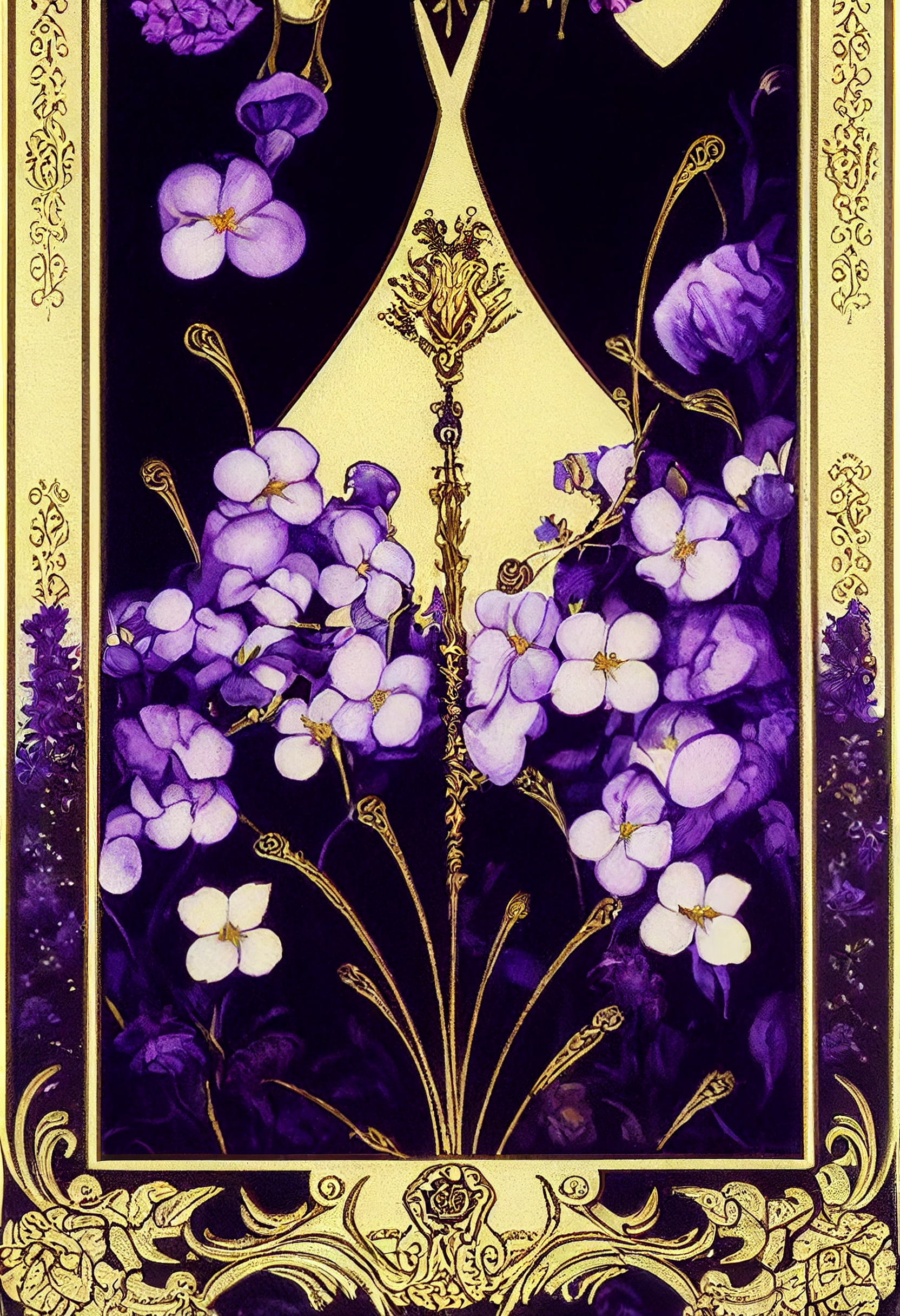 a photo realistic Tarot card about violets and winter the Winter + baroque + dark atmosphere + heraldic design + gold deco + ornate borders + white background border --ar 70:120  --seed 142069  --test --upbeta